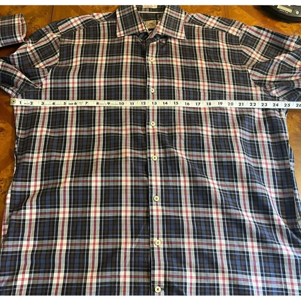 Peter Millar Long Sleeve Button Up Dress Shirt Blue Pink Plaid Sz Large L Cotton